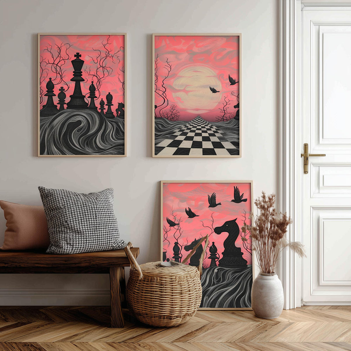 Surreal Chess Landscape Set of Three Art Prints - 3 Pink and Grey Abstract Paintings - Checkerboard Moon Crows Poster Wall Art Gift