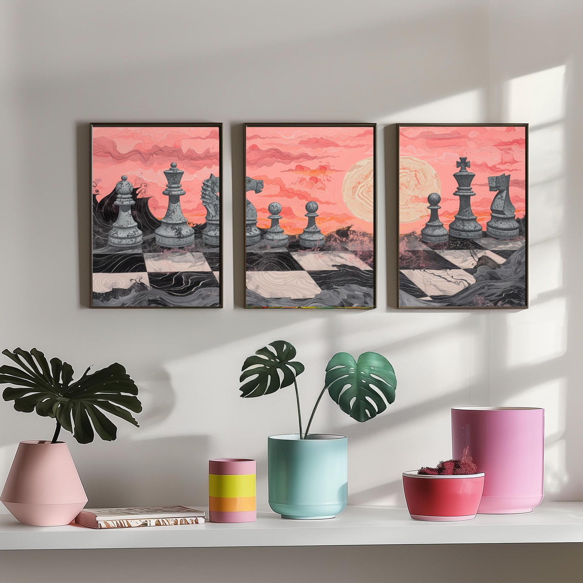 Chess Sunset Landscape Set of Three Art Prints - 3 Coral and Grey Abstract Paintings - Stone Chess Pieces Moon Poster Wall Art Decor
