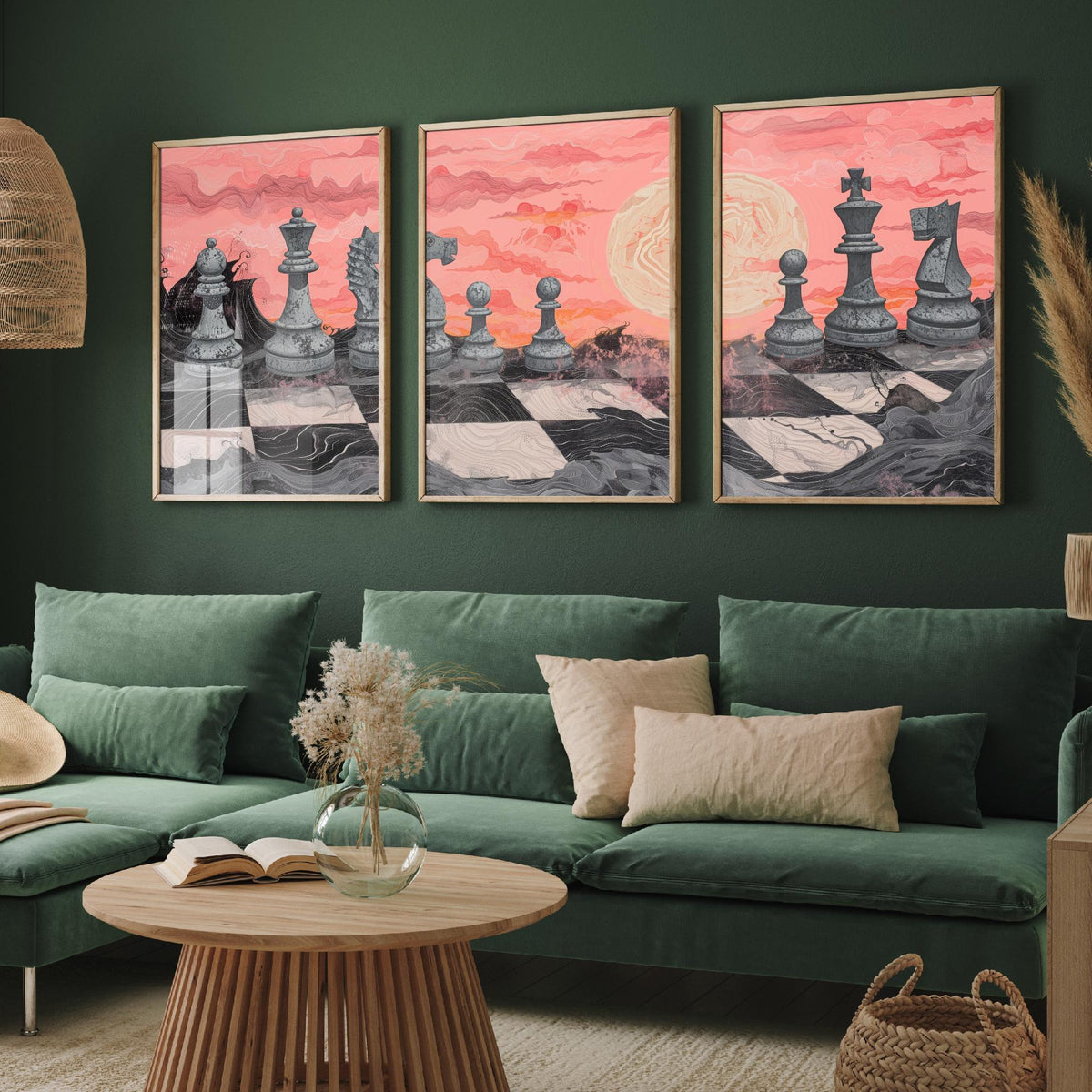 Chess Sunset Landscape Set of Three Art Prints - 3 Coral and Grey Abstract Paintings - Stone Chess Pieces Moon Poster Wall Art Decor