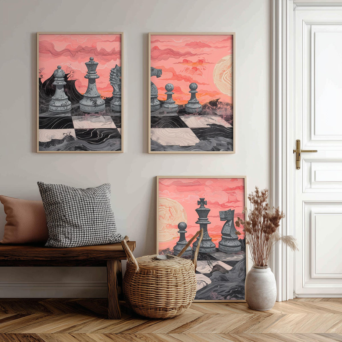 Chess Sunset Landscape Set of Three Art Prints - 3 Coral and Grey Abstract Paintings - Stone Chess Pieces Moon Poster Wall Art Decor