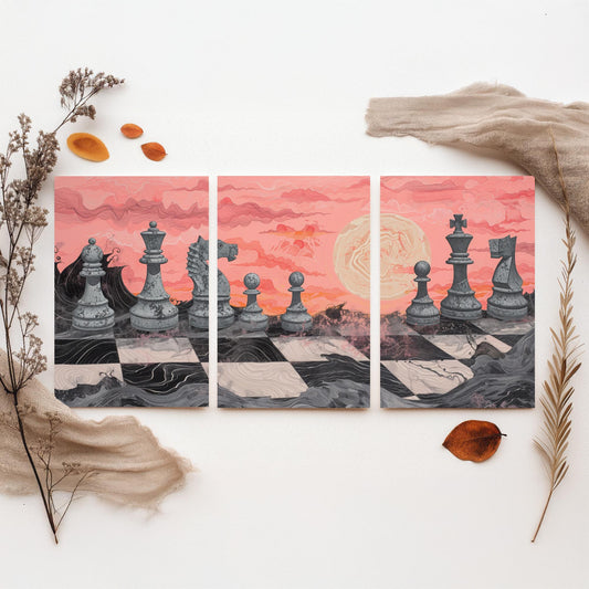 Chess Sunset Landscape Set of Three Art Prints - 3 Coral and Grey Abstract Paintings - Stone Chess Pieces Moon Poster Wall Art Decor