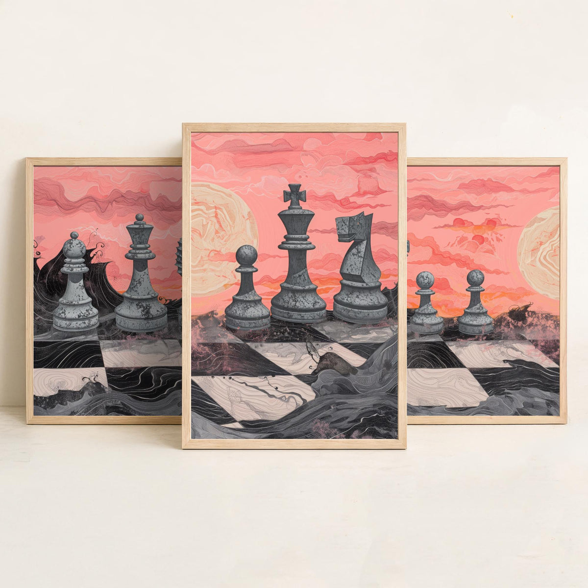Chess Sunset Landscape Set of Three Art Prints - 3 Coral and Grey Abstract Paintings - Stone Chess Pieces Moon Poster Wall Art Decor
