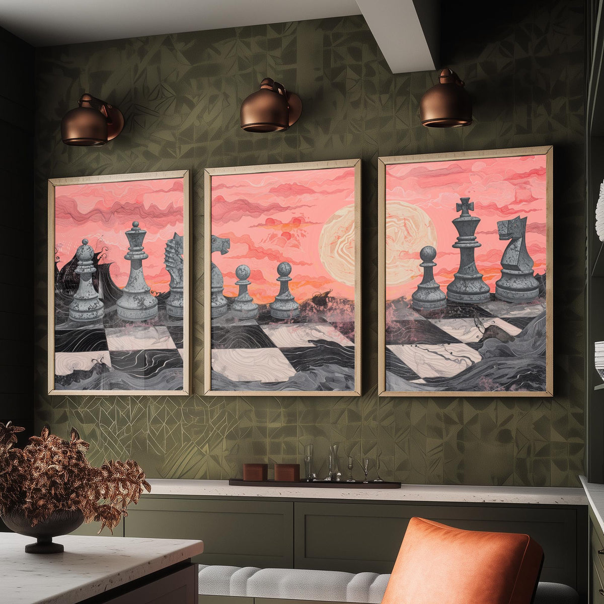 Chess Sunset Landscape Set of Three Art Prints - 3 Coral and Grey Abstract Paintings - Stone Chess Pieces Moon Poster Wall Art Decor