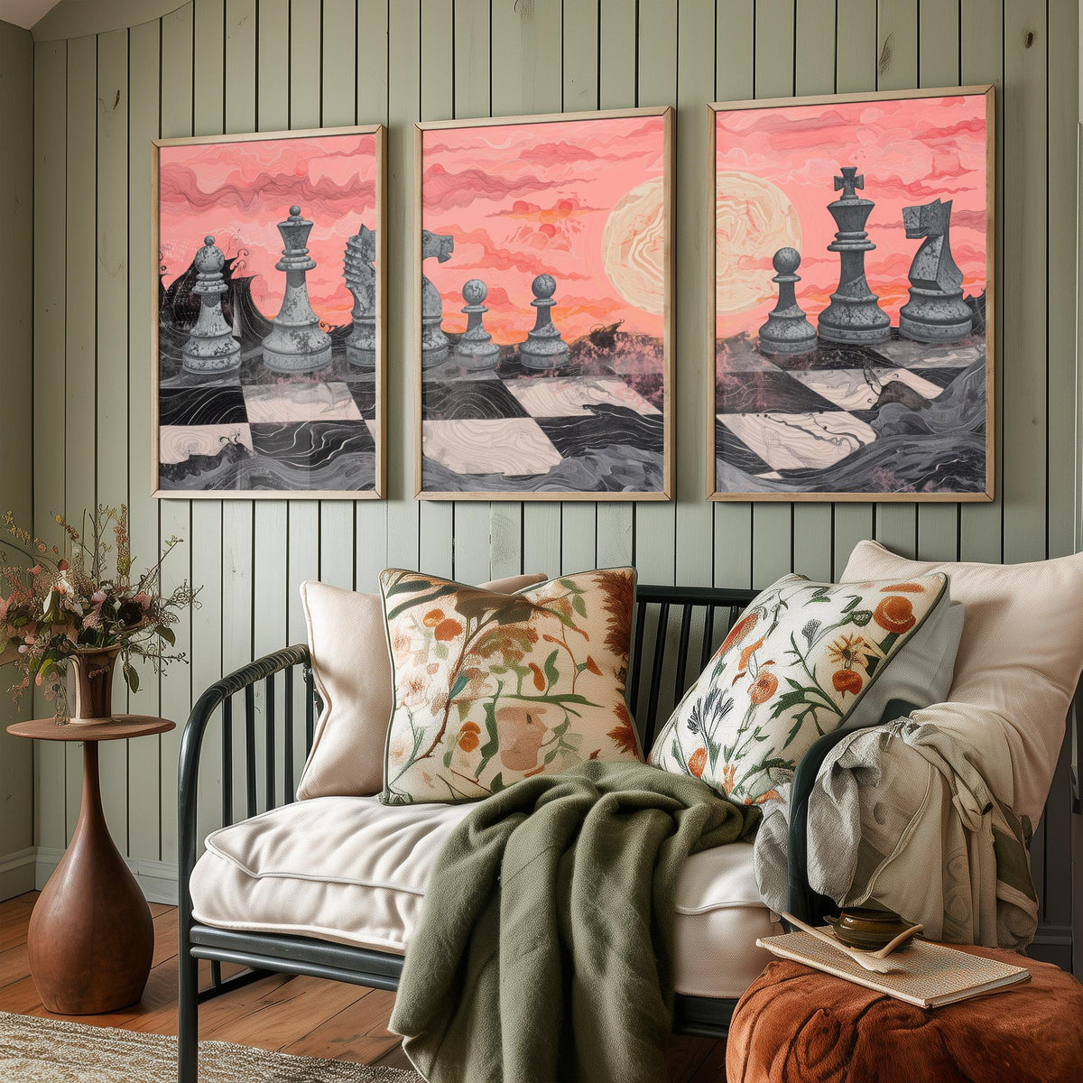 Chess Sunset Landscape Set of Three Art Prints - 3 Coral and Grey Abstract Paintings - Stone Chess Pieces Moon Poster Wall Art Decor