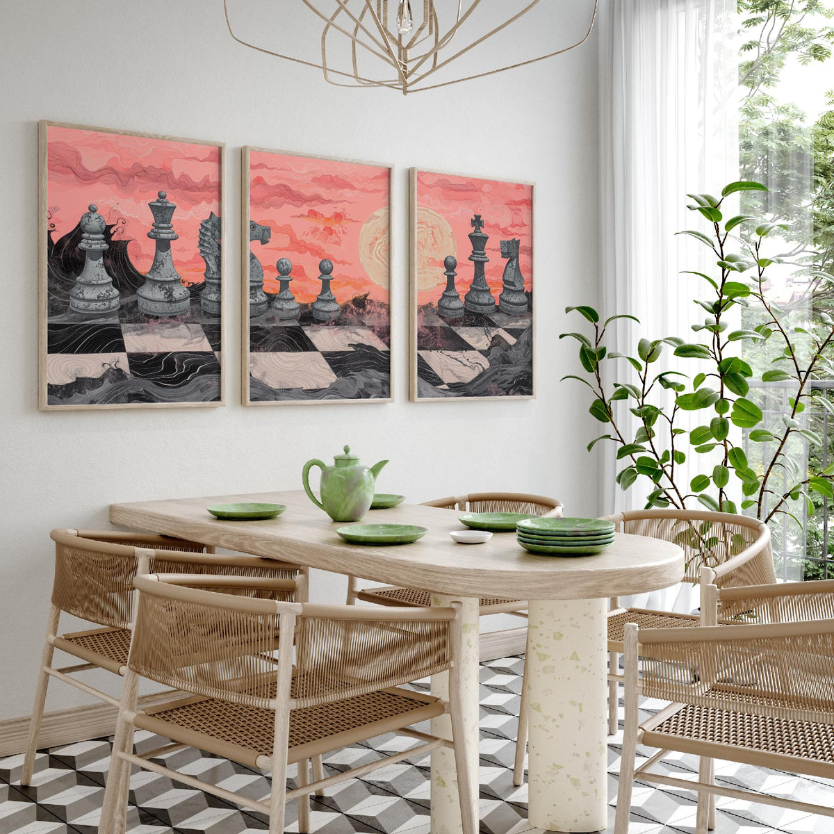 Chess Sunset Landscape Set of Three Art Prints - 3 Coral and Grey Abstract Paintings - Stone Chess Pieces Moon Poster Wall Art Decor