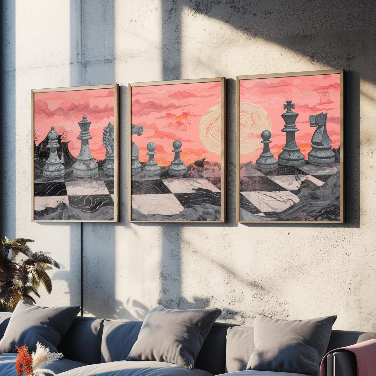 Chess Sunset Landscape Set of Three Art Prints - 3 Coral and Grey Abstract Paintings - Stone Chess Pieces Moon Poster Wall Art Decor