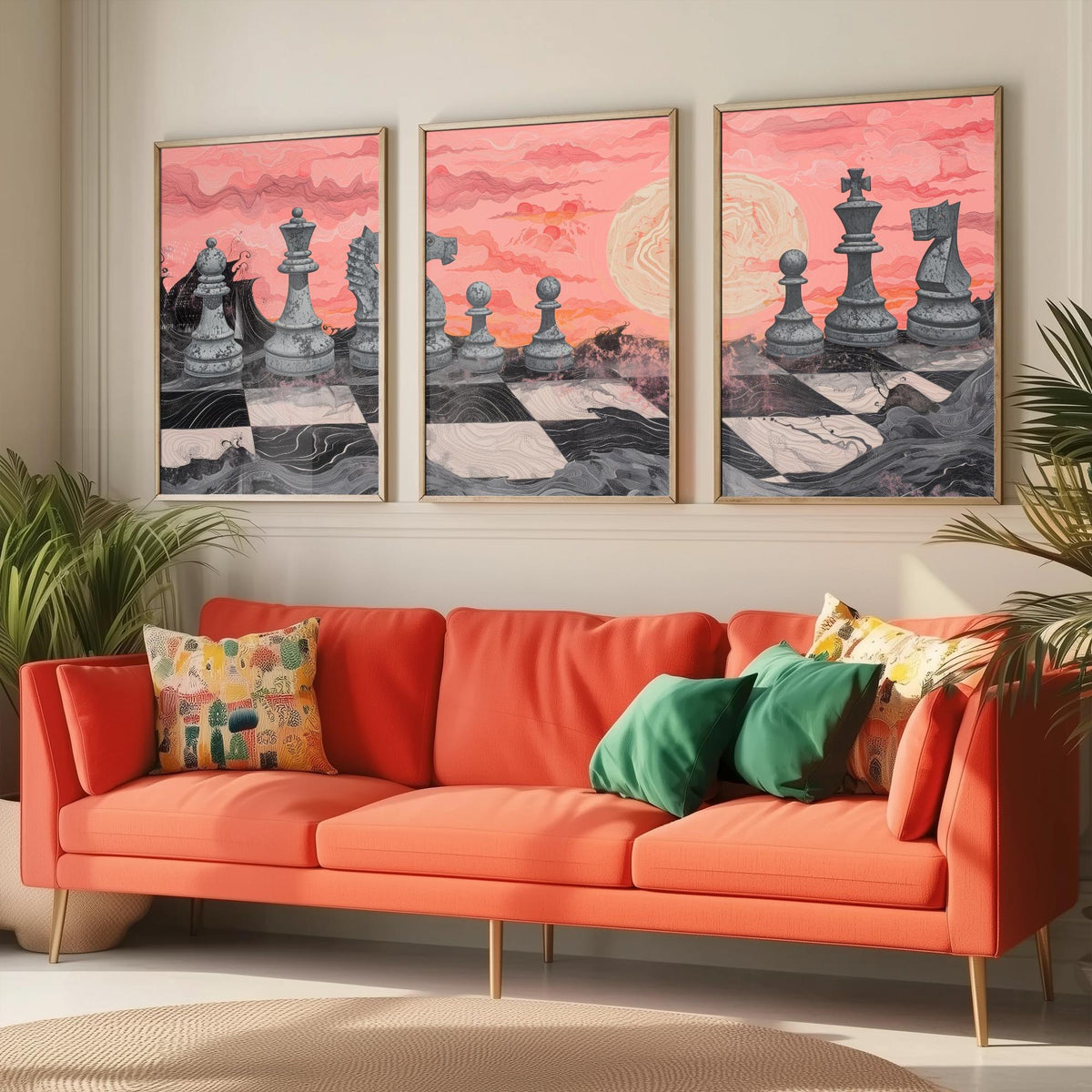Chess Sunset Landscape Set of Three Art Prints - 3 Coral and Grey Abstract Paintings - Stone Chess Pieces Moon Poster Wall Art Decor