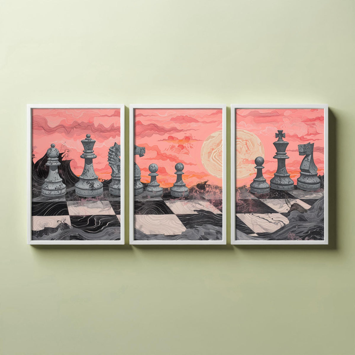 Chess Sunset Landscape Set of Three Art Prints - 3 Coral and Grey Abstract Paintings - Stone Chess Pieces Moon Poster Wall Art Decor