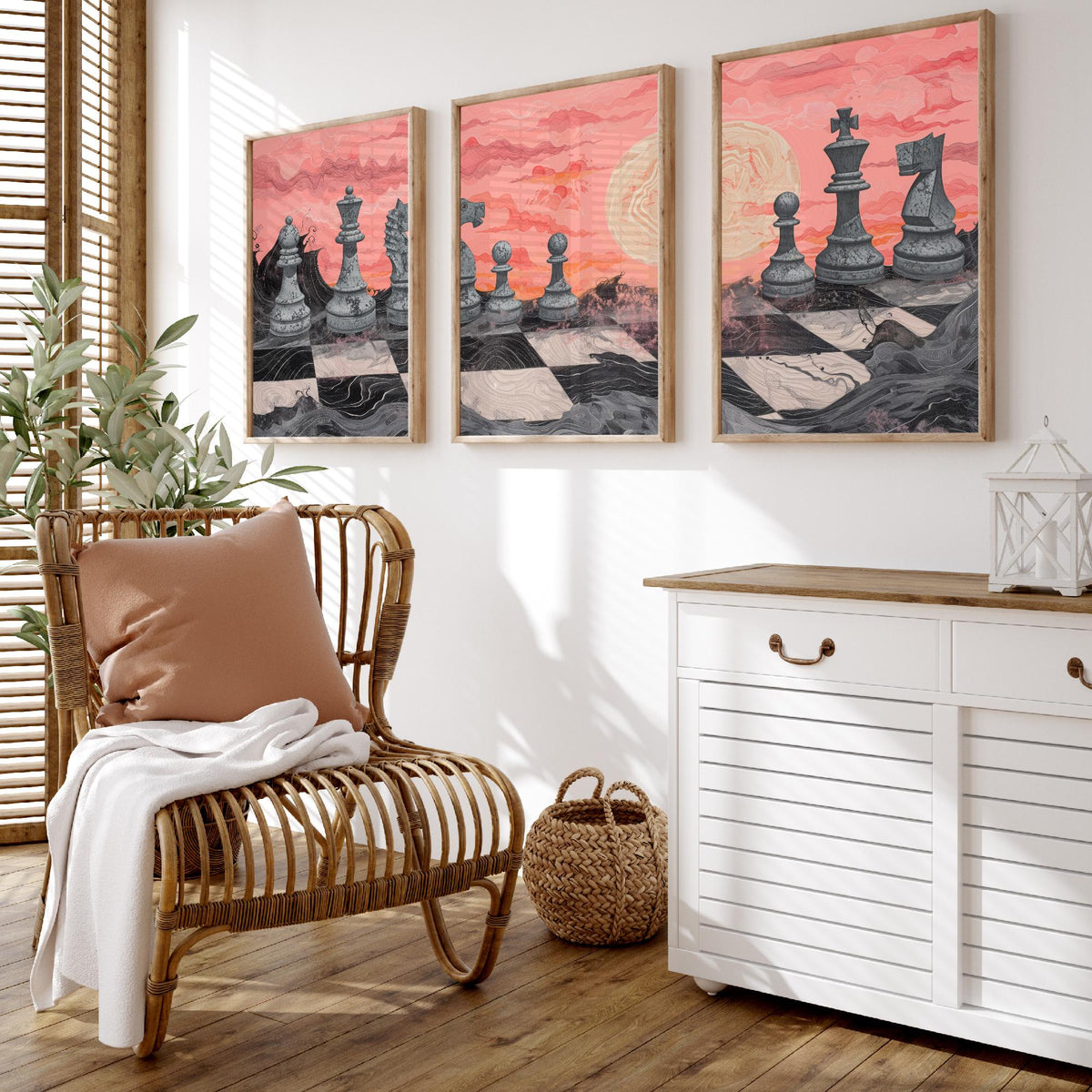 Chess Sunset Landscape Set of Three Art Prints - 3 Coral and Grey Abstract Paintings - Stone Chess Pieces Moon Poster Wall Art Decor