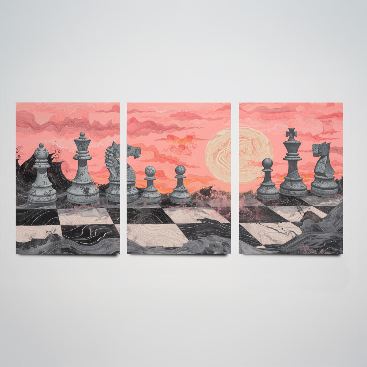 Chess Sunset Landscape Set of Three Art Prints - 3 Coral and Grey Abstract Paintings - Stone Chess Pieces Moon Poster Wall Art Decor