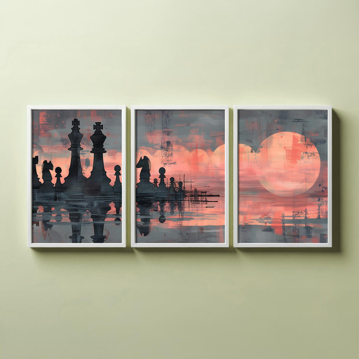 Abstract Chess Reflection Set of Three Art Prints - 3 Coral and Grey Paintings - Moody Chessboard Moons Water Poster Wall Art