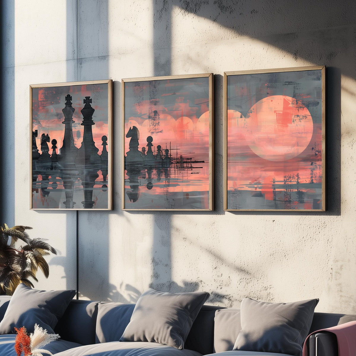 Abstract Chess Reflection Set of Three Art Prints - 3 Coral and Grey Paintings - Moody Chessboard Moons Water Poster Wall Art