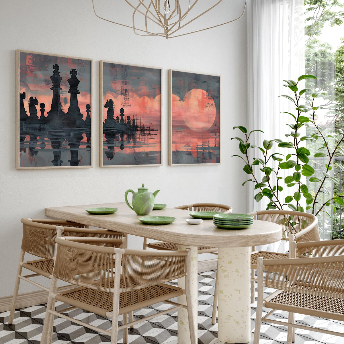 Abstract Chess Reflection Set of Three Art Prints - 3 Coral and Grey Paintings - Moody Chessboard Moons Water Poster Wall Art