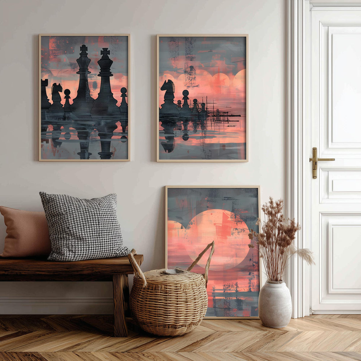 Abstract Chess Reflection Set of Three Art Prints - 3 Coral and Grey Paintings - Moody Chessboard Moons Water Poster Wall Art