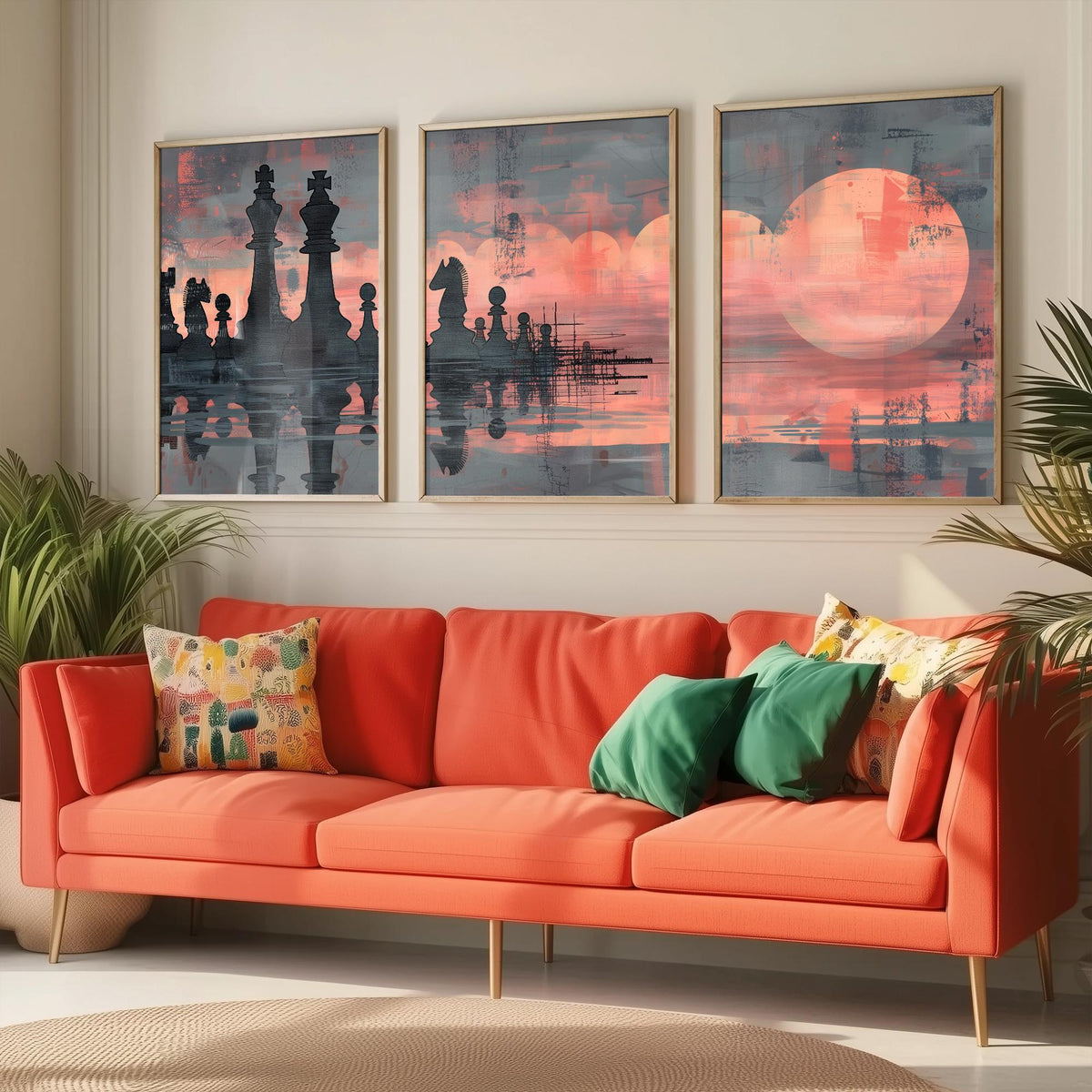 Abstract Chess Reflection Set of Three Art Prints - 3 Coral and Grey Paintings - Moody Chessboard Moons Water Poster Wall Art