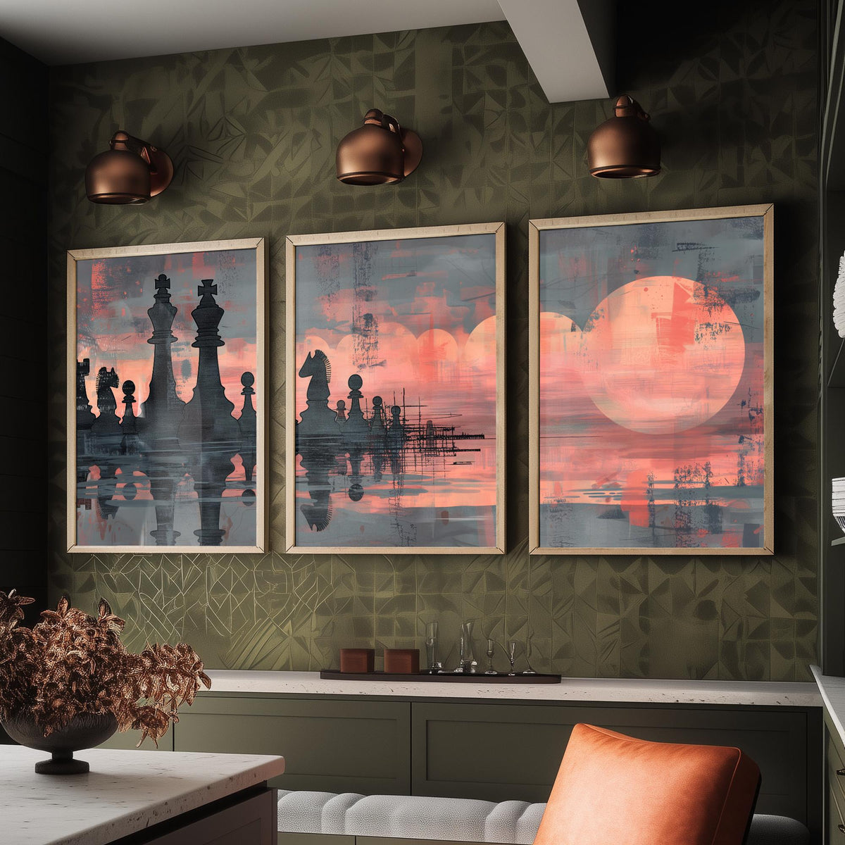 Abstract Chess Reflection Set of Three Art Prints - 3 Coral and Grey Paintings - Moody Chessboard Moons Water Poster Wall Art