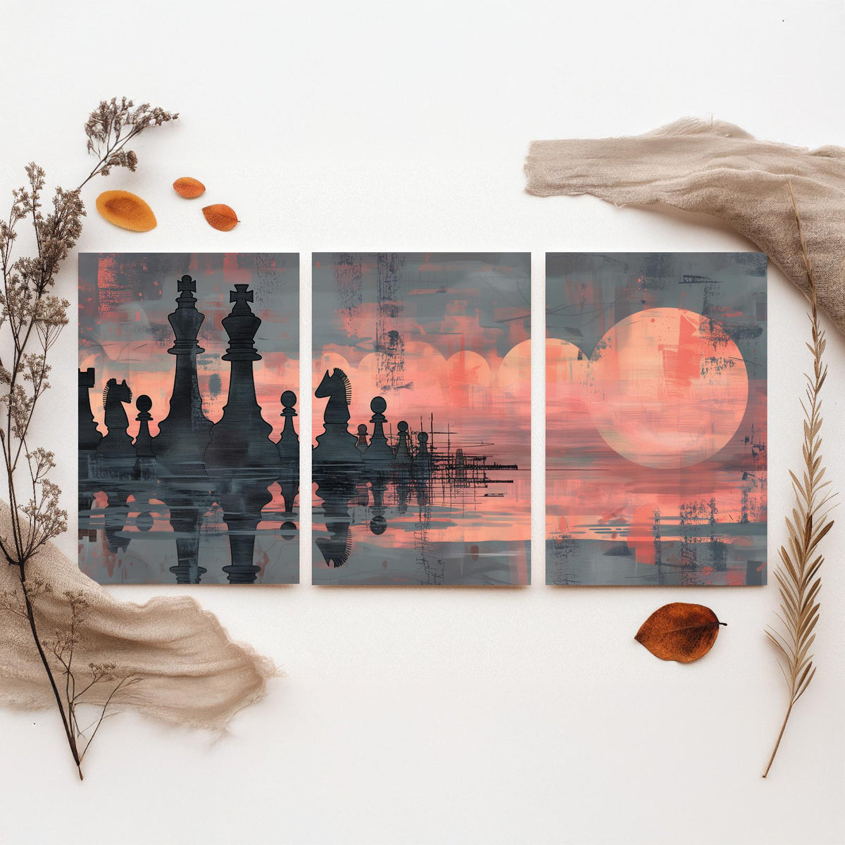 Abstract Chess Reflection Set of Three Art Prints - 3 Coral and Grey Paintings - Moody Chessboard Moons Water Poster Wall Art