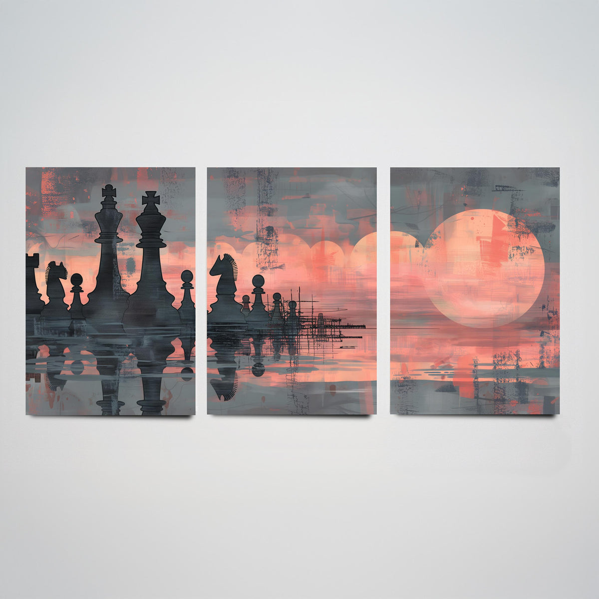 Abstract Chess Reflection Set of Three Art Prints - 3 Coral and Grey Paintings - Moody Chessboard Moons Water Poster Wall Art