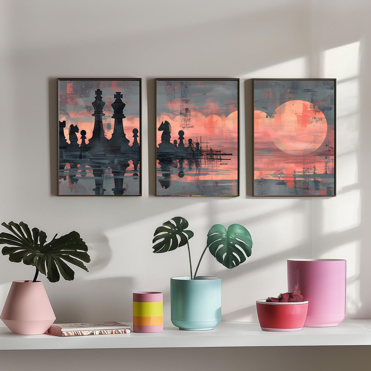 Abstract Chess Reflection Set of Three Art Prints - 3 Coral and Grey Paintings - Moody Chessboard Moons Water Poster Wall Art