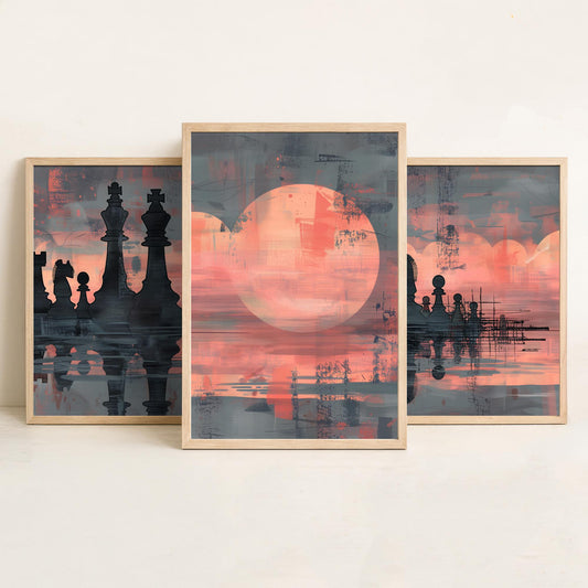Abstract Chess Reflection Set of Three Art Prints - 3 Coral and Grey Paintings - Moody Chessboard Moons Water Poster Wall Art