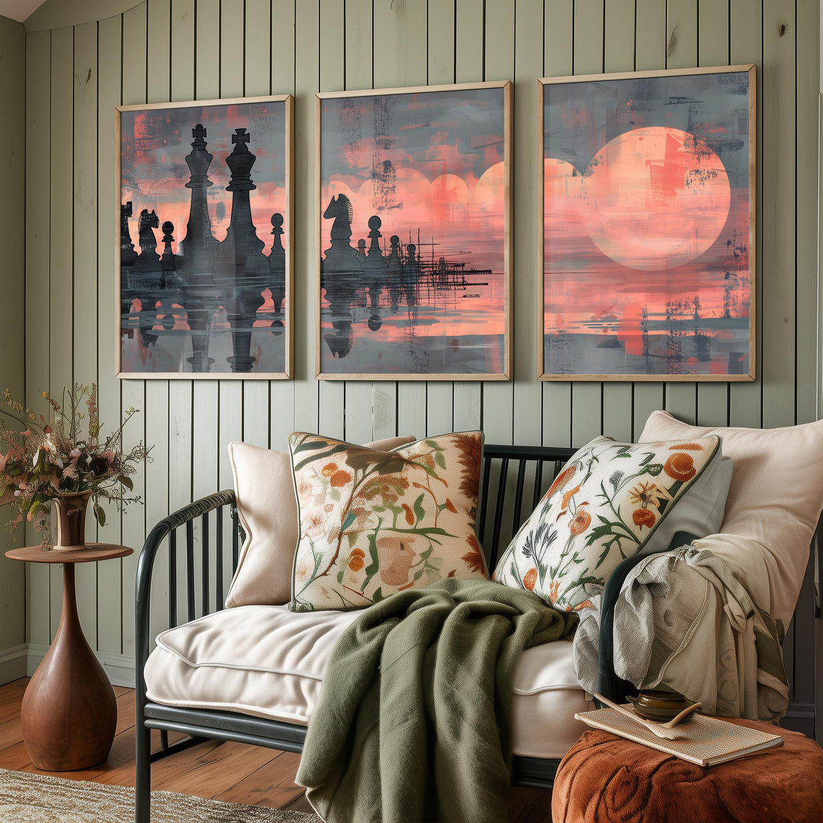 Abstract Chess Reflection Set of Three Art Prints - 3 Coral and Grey Paintings - Moody Chessboard Moons Water Poster Wall Art