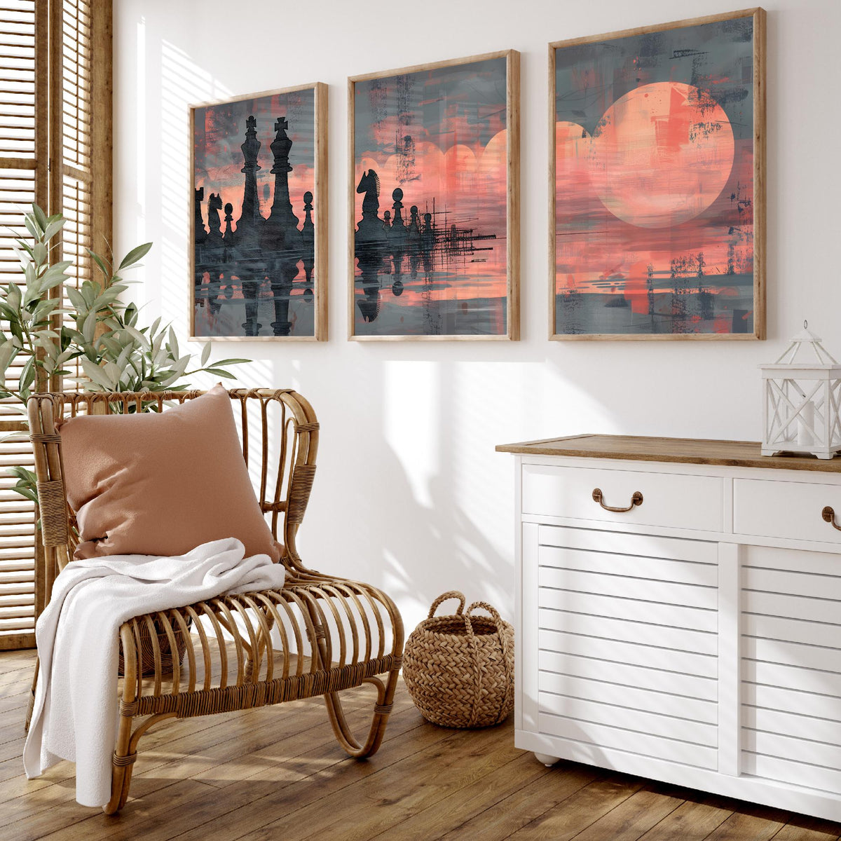 Abstract Chess Reflection Set of Three Art Prints - 3 Coral and Grey Paintings - Moody Chessboard Moons Water Poster Wall Art
