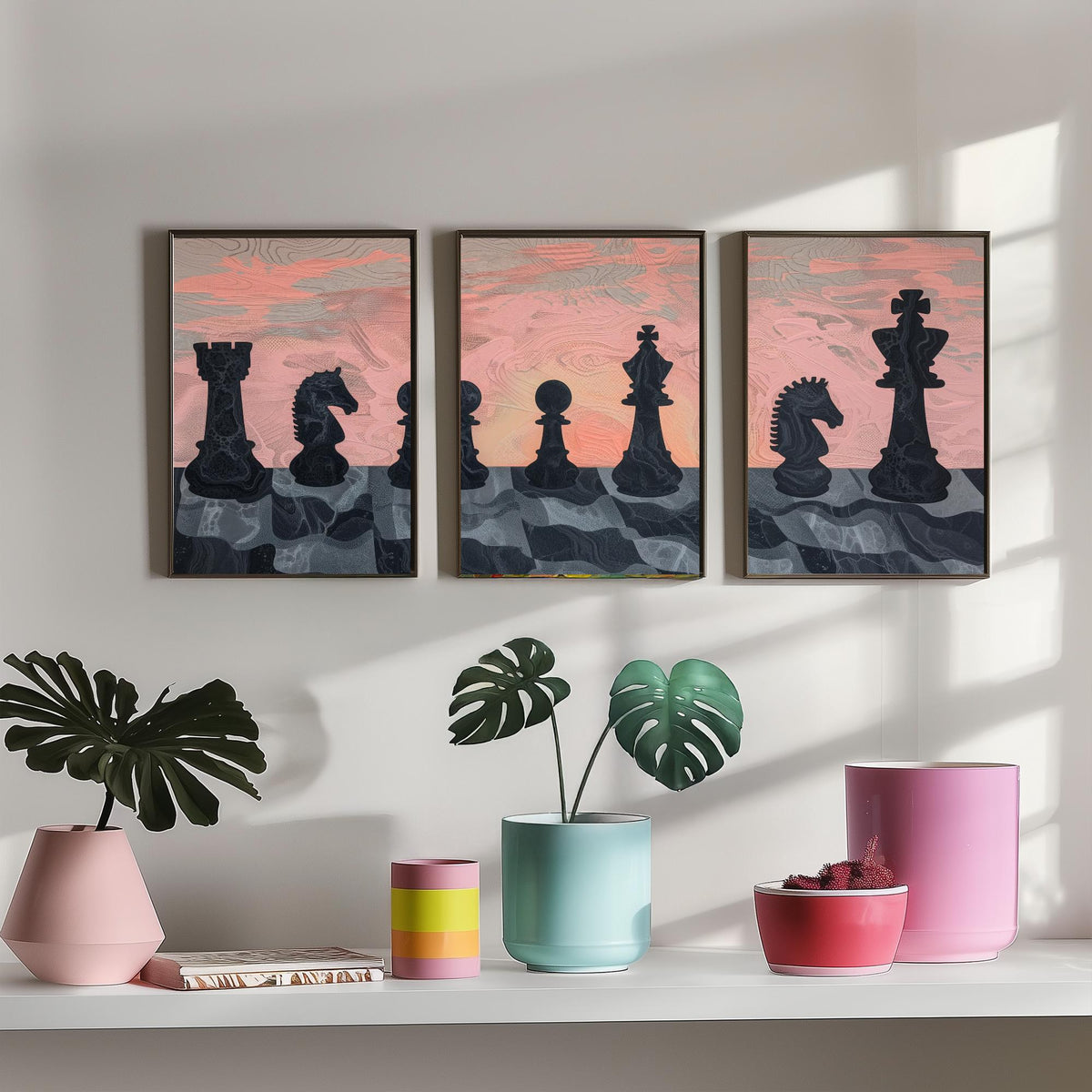 Chess Board Sunset Set of Three Art Prints - 3 Pink and Peach Abstract Paintings - Marbled Chess Pieces Poster Wall Art Illustration