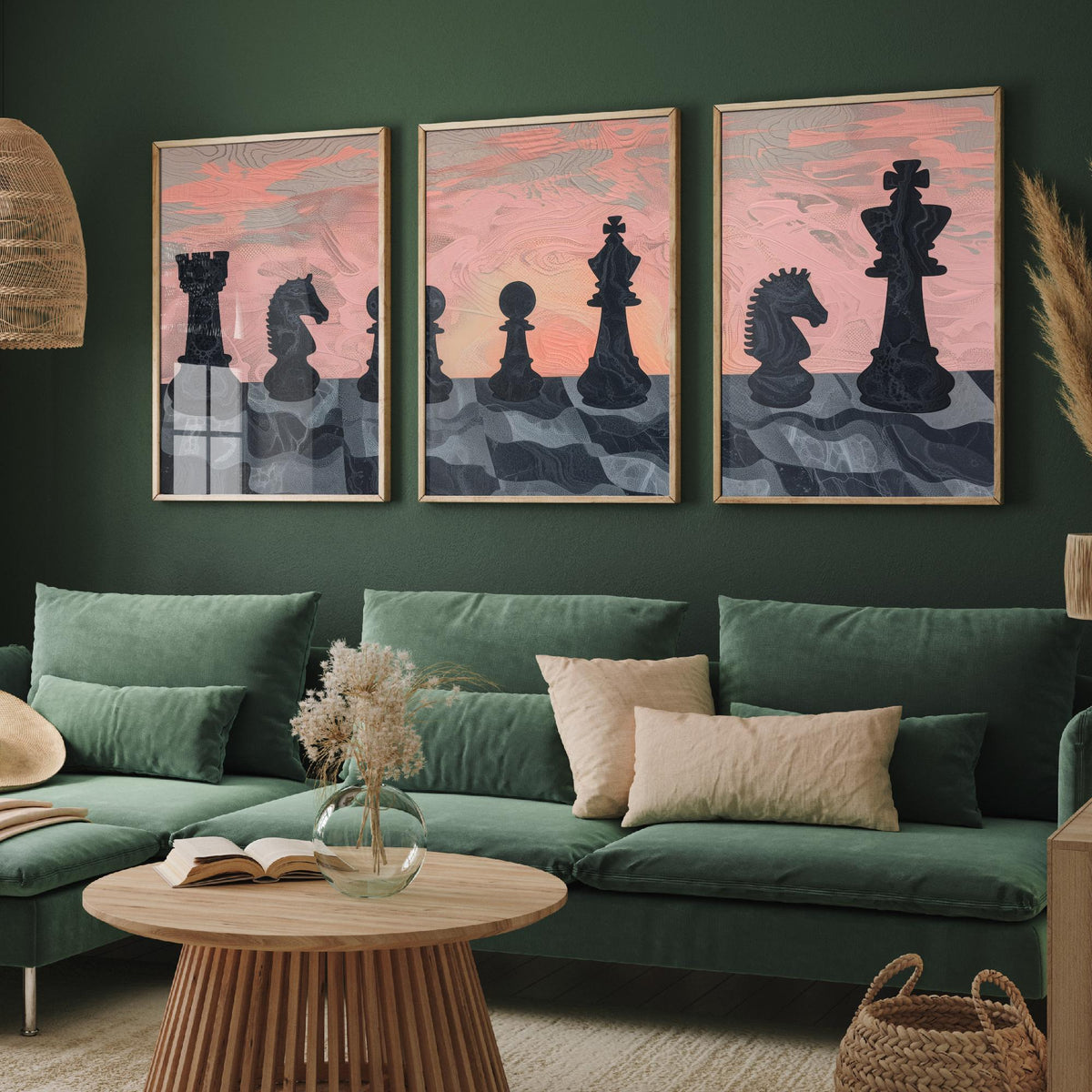 Chess Board Sunset Set of Three Art Prints - 3 Pink and Peach Abstract Paintings - Marbled Chess Pieces Poster Wall Art Illustration
