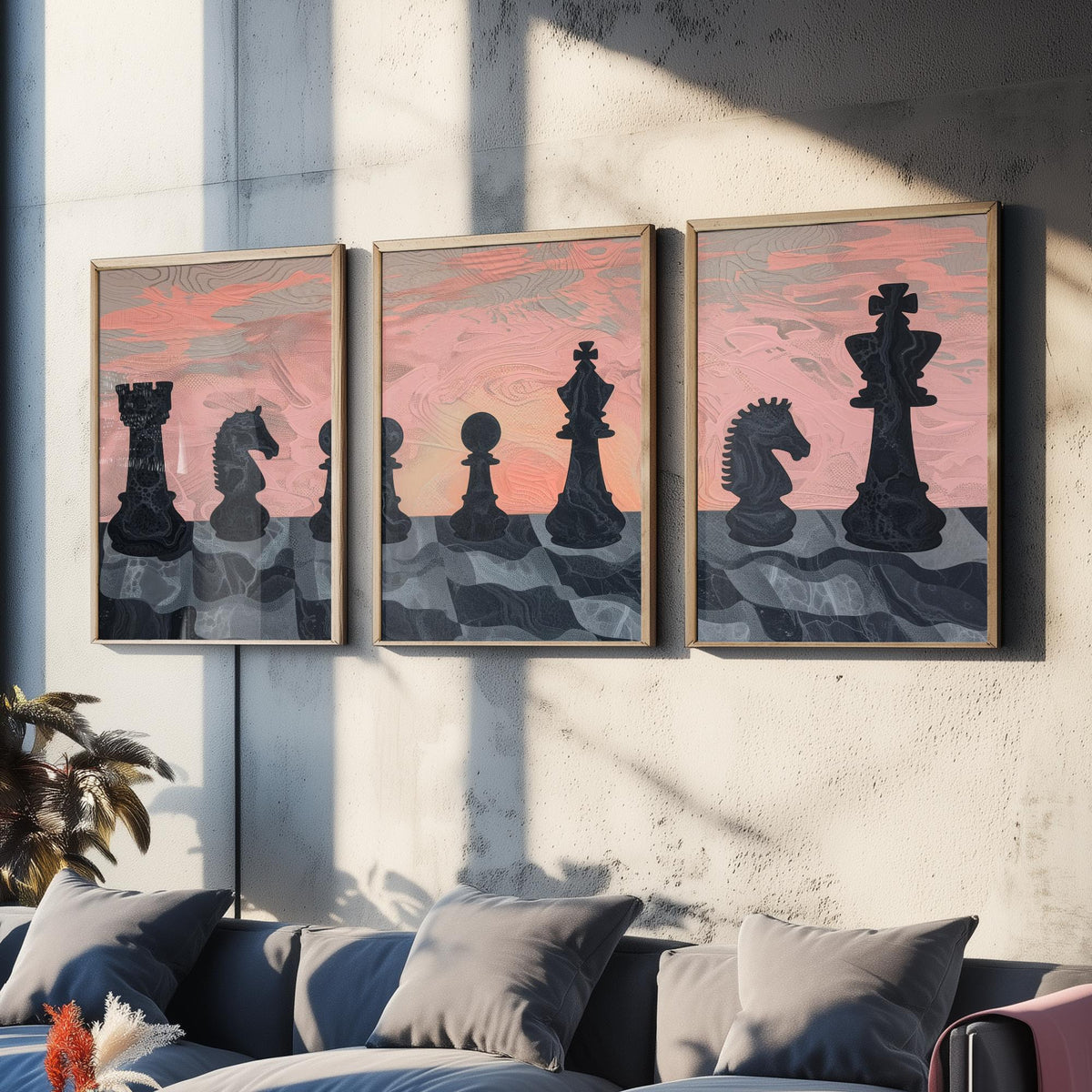 Chess Board Sunset Set of Three Art Prints - 3 Pink and Peach Abstract Paintings - Marbled Chess Pieces Poster Wall Art Illustration
