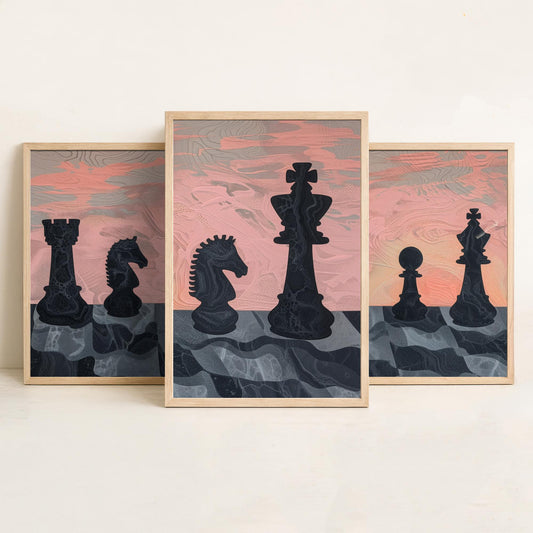 Chess Board Sunset Set of Three Art Prints - 3 Pink and Peach Abstract Paintings - Marbled Chess Pieces Poster Wall Art Illustration