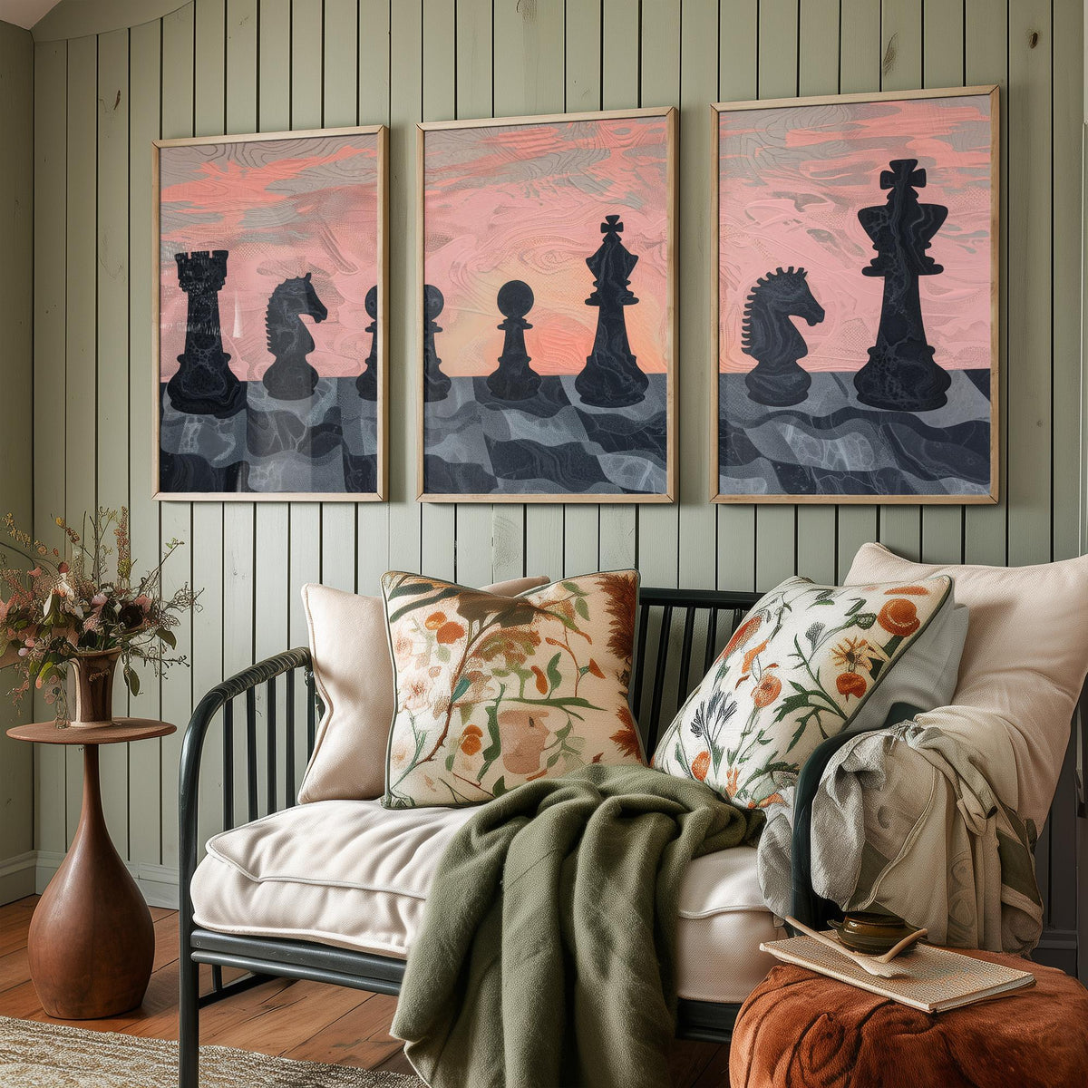 Chess Board Sunset Set of Three Art Prints - 3 Pink and Peach Abstract Paintings - Marbled Chess Pieces Poster Wall Art Illustration