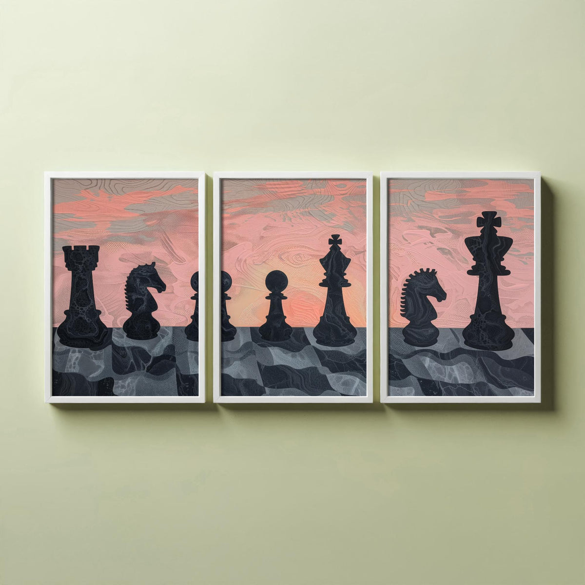Chess Board Sunset Set of Three Art Prints - 3 Pink and Peach Abstract Paintings - Marbled Chess Pieces Poster Wall Art Illustration
