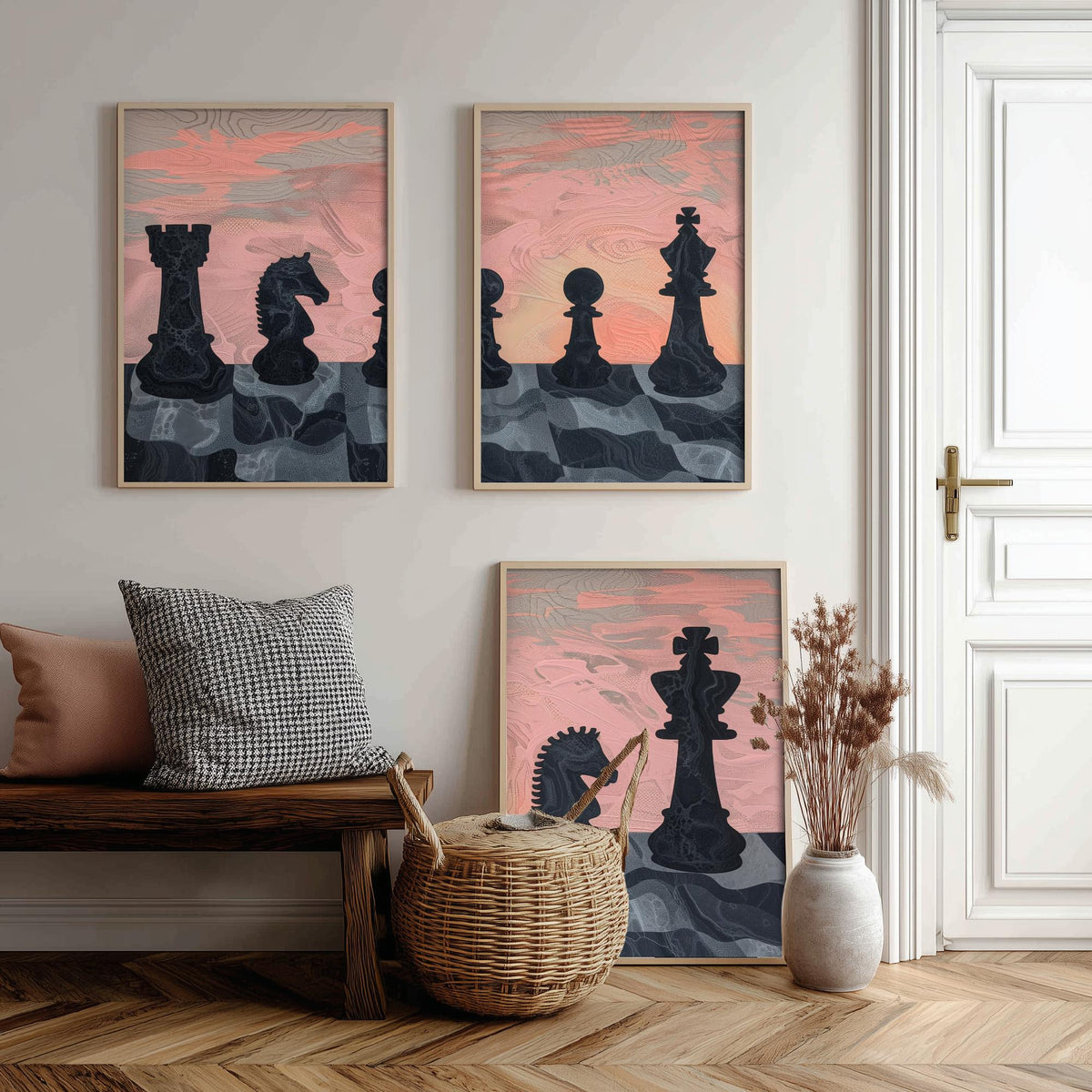 Chess Board Sunset Set of Three Art Prints - 3 Pink and Peach Abstract Paintings - Marbled Chess Pieces Poster Wall Art Illustration