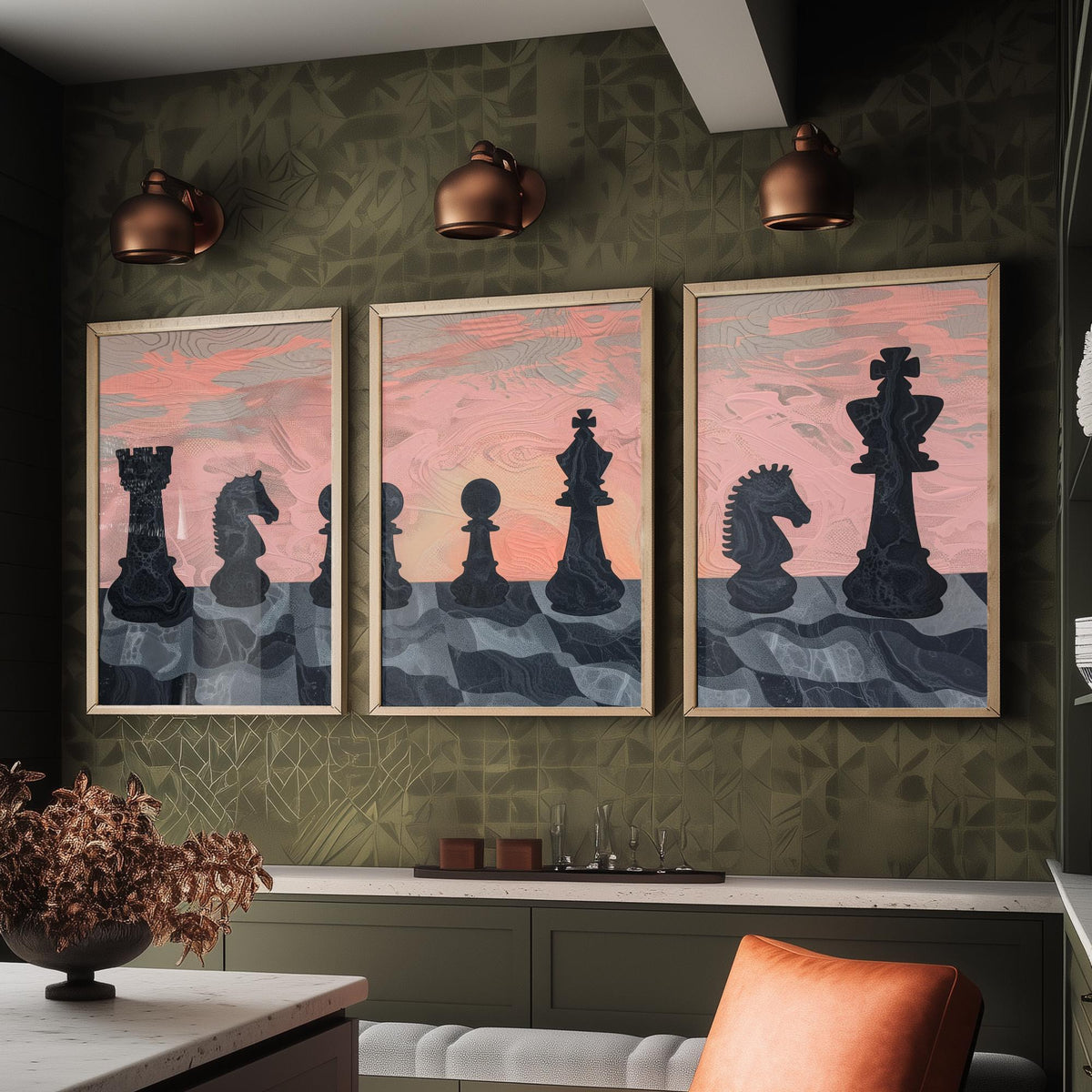 Chess Board Sunset Set of Three Art Prints - 3 Pink and Peach Abstract Paintings - Marbled Chess Pieces Poster Wall Art Illustration