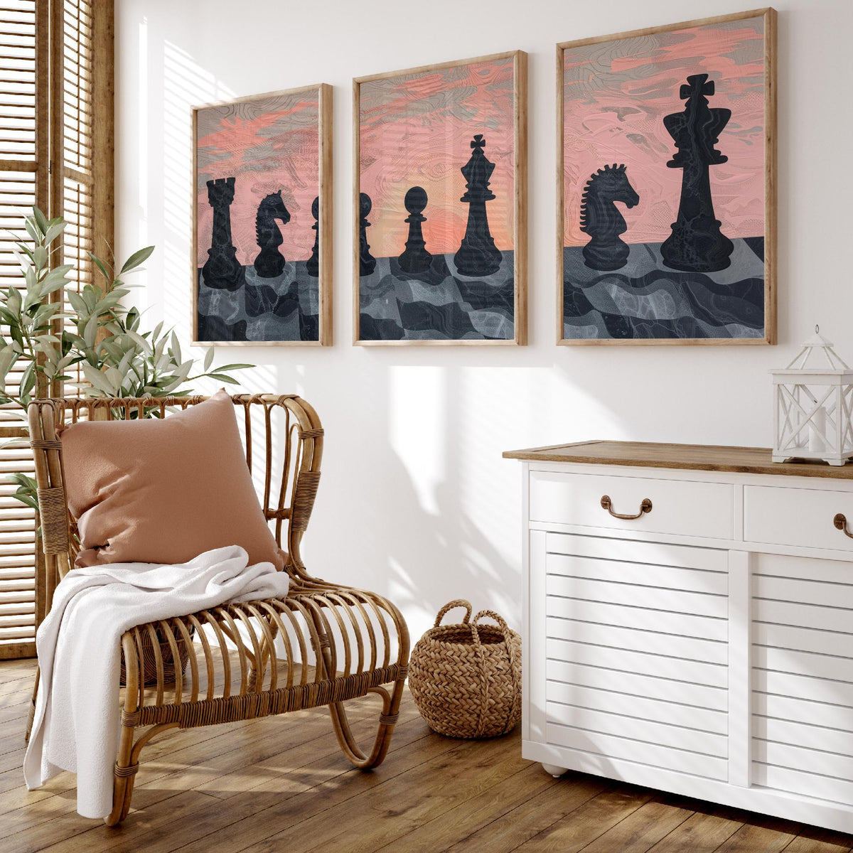 Chess Board Sunset Set of Three Art Prints - 3 Pink and Peach Abstract Paintings - Marbled Chess Pieces Poster Wall Art Illustration