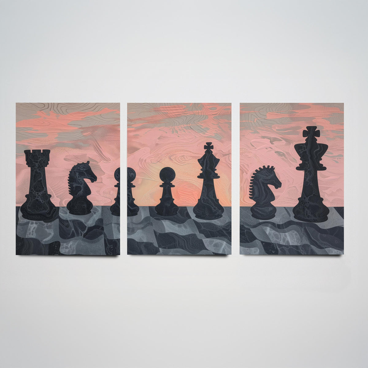 Chess Board Sunset Set of Three Art Prints - 3 Pink and Peach Abstract Paintings - Marbled Chess Pieces Poster Wall Art Illustration