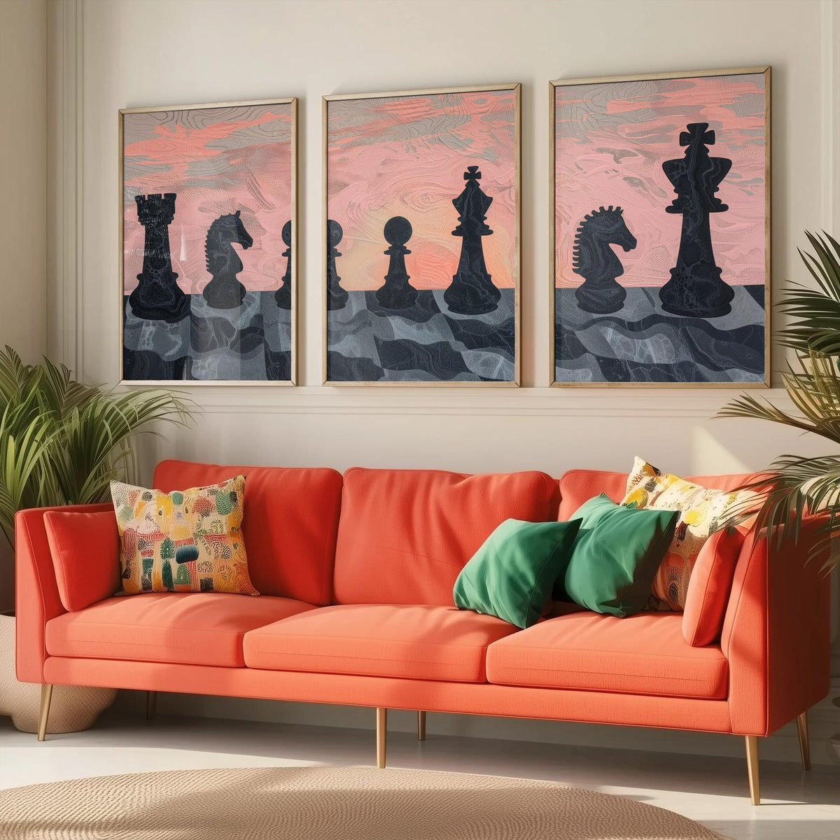 Chess Board Sunset Set of Three Art Prints - 3 Pink and Peach Abstract Paintings - Marbled Chess Pieces Poster Wall Art Illustration