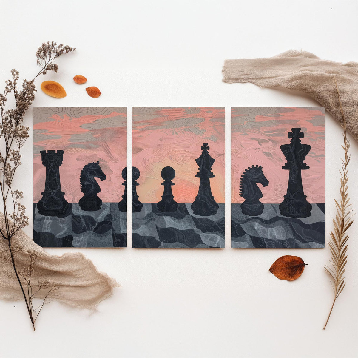 Chess Board Sunset Set of Three Art Prints - 3 Pink and Peach Abstract Paintings - Marbled Chess Pieces Poster Wall Art Illustration