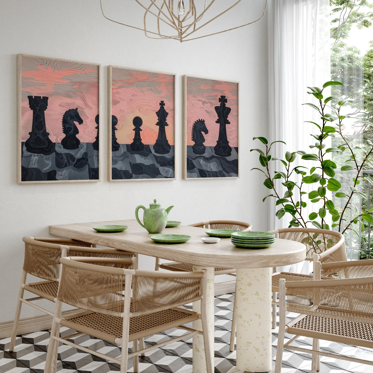 Chess Board Sunset Set of Three Art Prints - 3 Pink and Peach Abstract Paintings - Marbled Chess Pieces Poster Wall Art Illustration