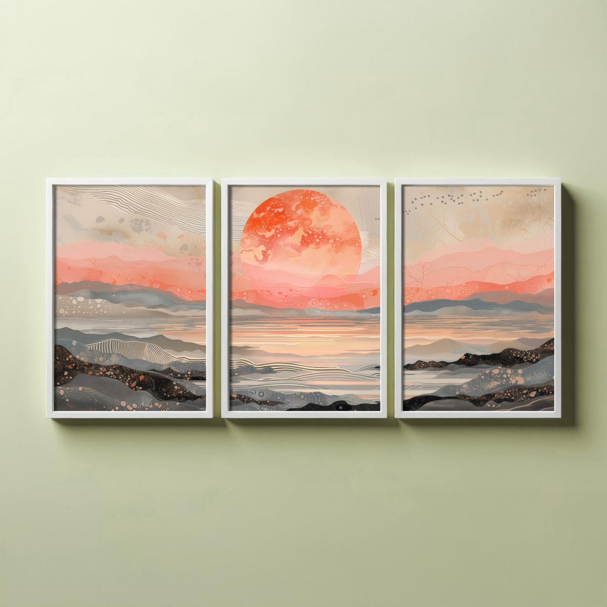 Red Moon Abstract Landscape Set of Three Art Prints - 3 Coral Pink Paintings - Mountains Sea Rising Moon Poster Wall Art Giclee