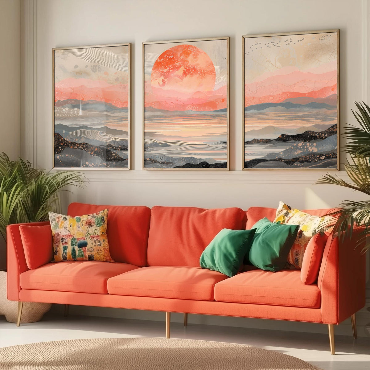Red Moon Abstract Landscape Set of Three Art Prints - 3 Coral Pink Paintings - Mountains Sea Rising Moon Poster Wall Art Giclee