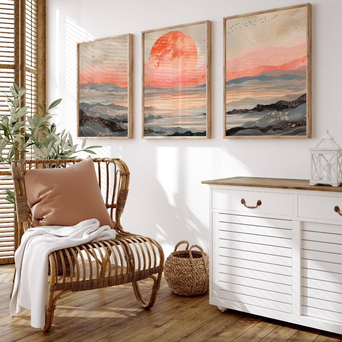 Red Moon Abstract Landscape Set of Three Art Prints - 3 Coral Pink Paintings - Mountains Sea Rising Moon Poster Wall Art Giclee