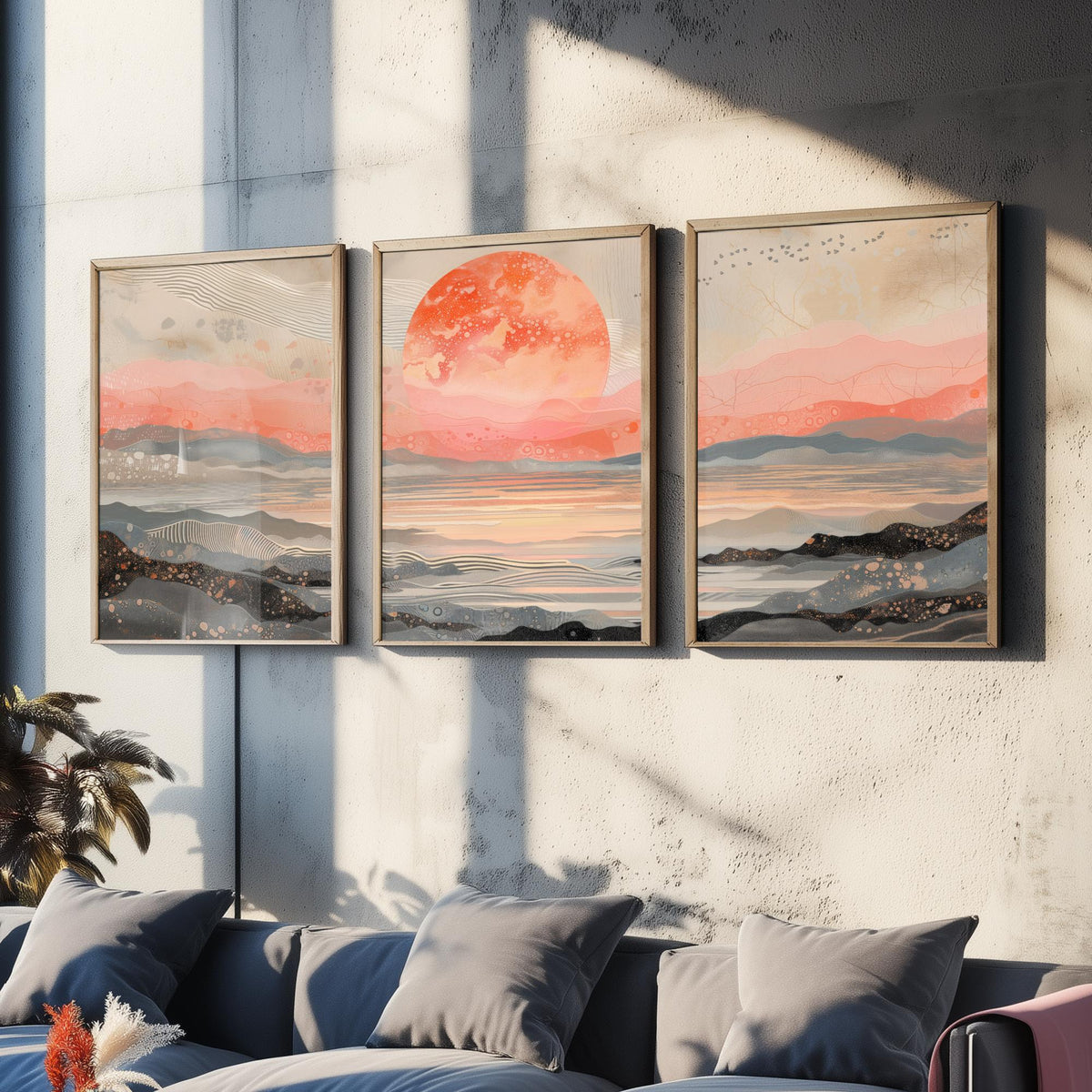 Red Moon Abstract Landscape Set of Three Art Prints - 3 Coral Pink Paintings - Mountains Sea Rising Moon Poster Wall Art Giclee