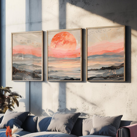 Red Moon Abstract Landscape Set of Three Art Prints - 3 Coral Pink Paintings - Mountains Sea Rising Moon Poster Wall Art Giclee