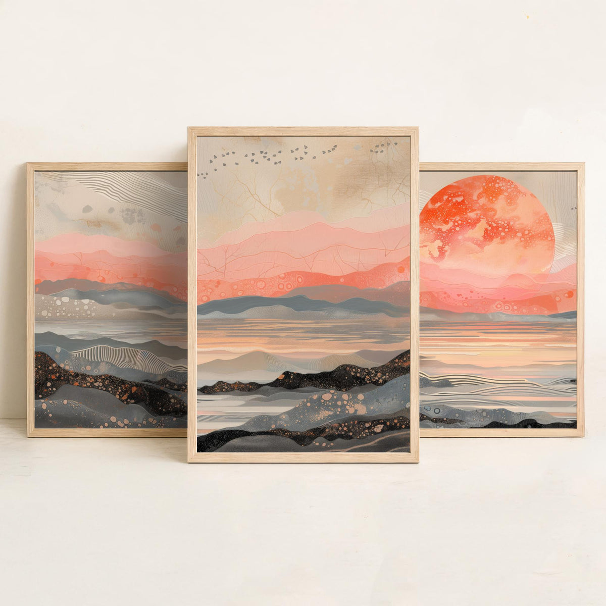 Red Moon Abstract Landscape Set of Three Art Prints - 3 Coral Pink Paintings - Mountains Sea Rising Moon Poster Wall Art Giclee
