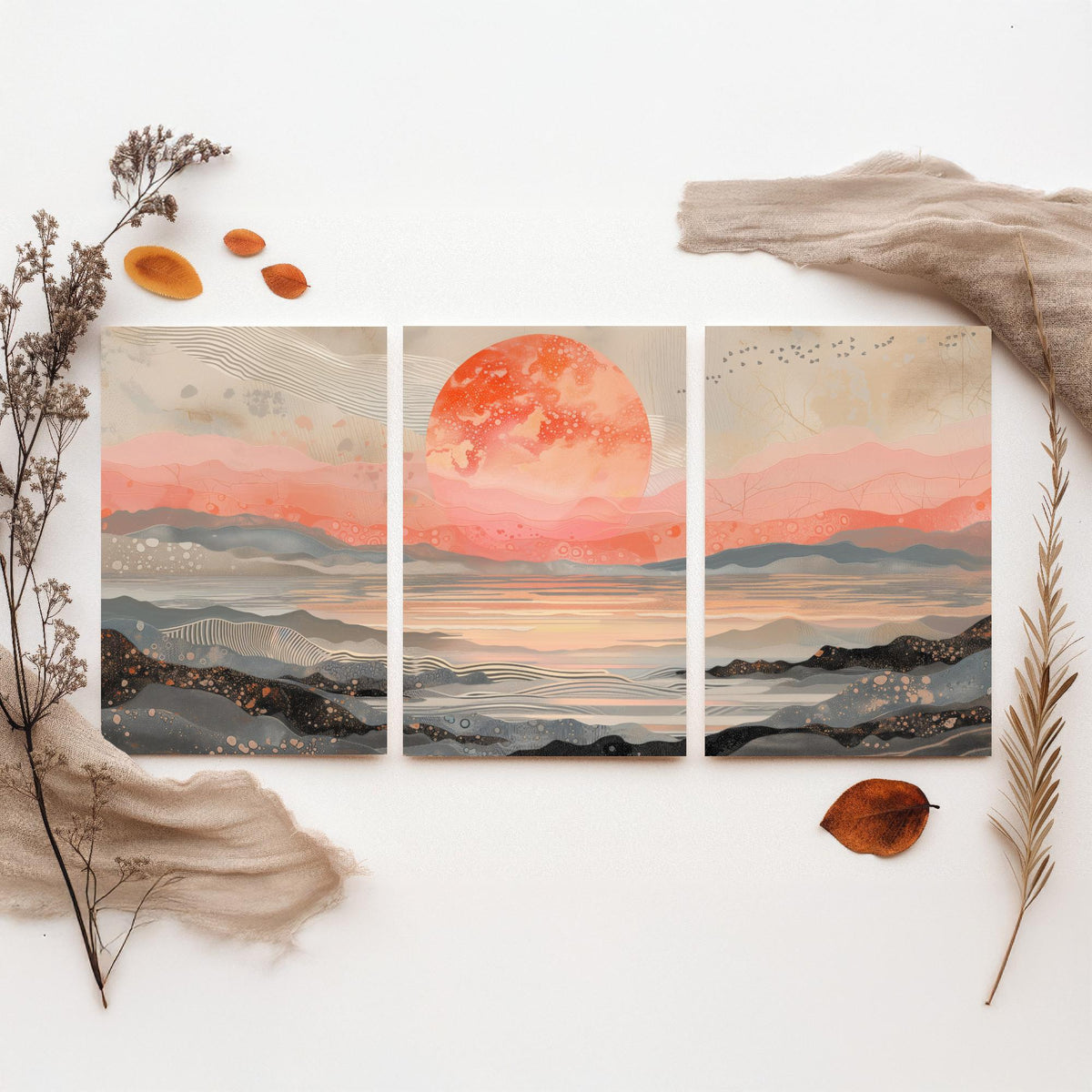 Red Moon Abstract Landscape Set of Three Art Prints - 3 Coral Pink Paintings - Mountains Sea Rising Moon Poster Wall Art Giclee