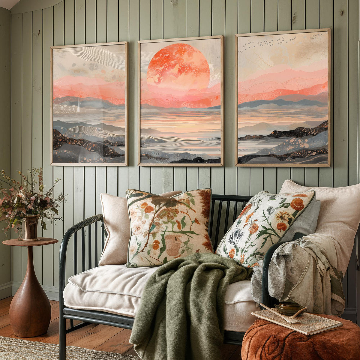 Red Moon Abstract Landscape Set of Three Art Prints - 3 Coral Pink Paintings - Mountains Sea Rising Moon Poster Wall Art Giclee