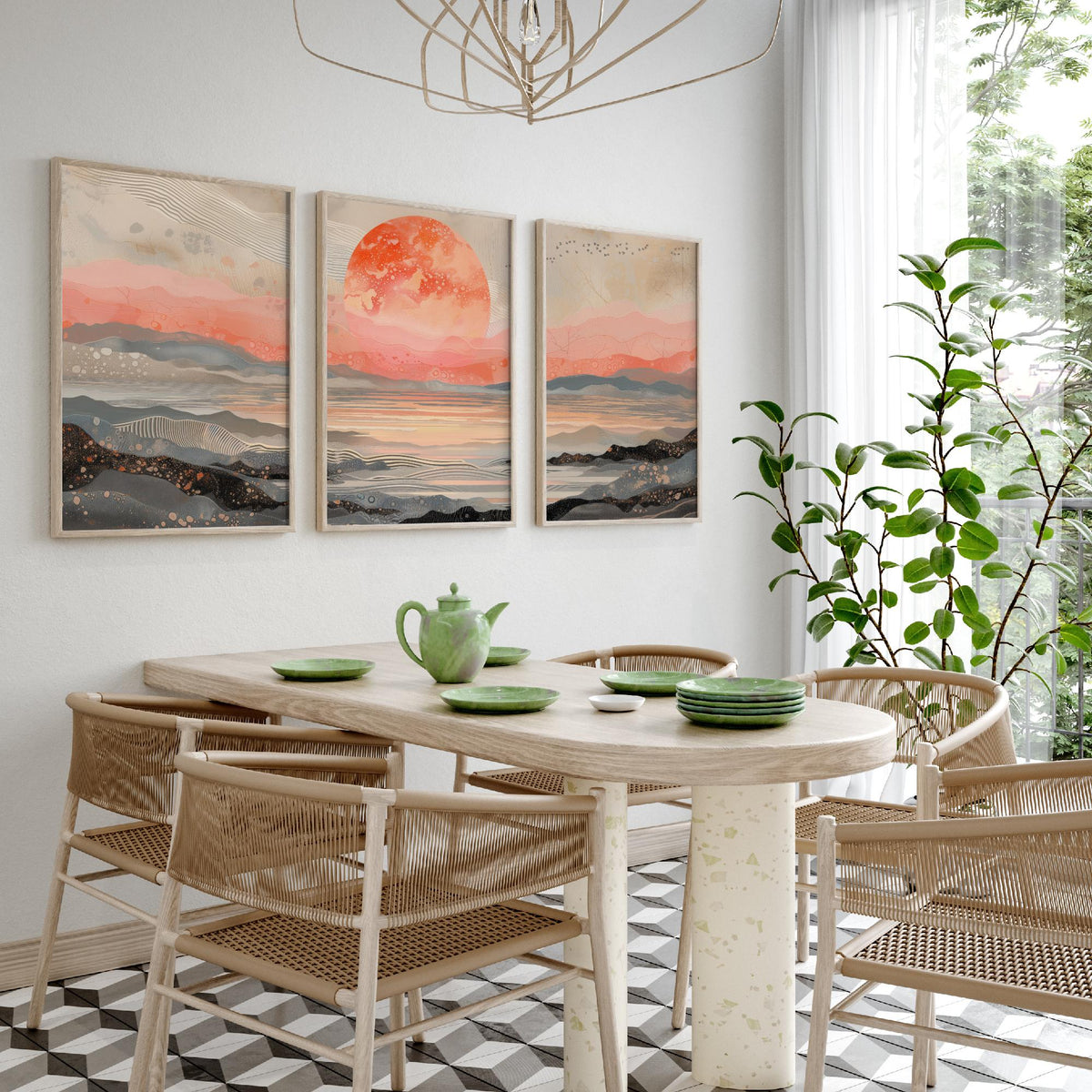 Red Moon Abstract Landscape Set of Three Art Prints - 3 Coral Pink Paintings - Mountains Sea Rising Moon Poster Wall Art Giclee