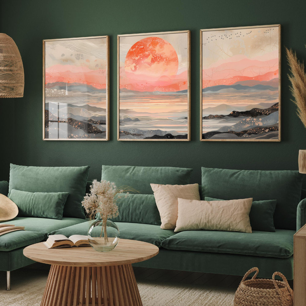 Red Moon Abstract Landscape Set of Three Art Prints - 3 Coral Pink Paintings - Mountains Sea Rising Moon Poster Wall Art Giclee
