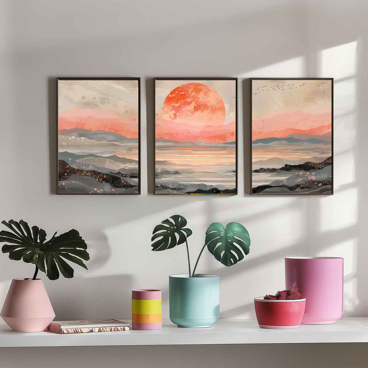 Red Moon Abstract Landscape Set of Three Art Prints - 3 Coral Pink Paintings - Mountains Sea Rising Moon Poster Wall Art Giclee